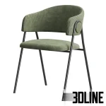 High-resolution 3D model of the Collins Chair featuring a curved, ribbed beige fabric seat on thin black metal legs, with color swatches showing multiple options.