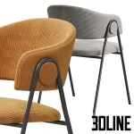 High-resolution 3D model of the Collins Chair featuring a curved, ribbed beige fabric seat on thin black metal legs, with color swatches showing multiple options.