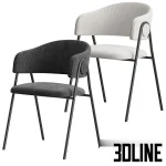 High-resolution 3D model of the Collins Chair featuring a curved, ribbed beige fabric seat on thin black metal legs, with color swatches showing multiple options.