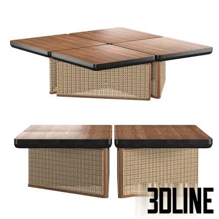 3D model of the Colony Coffee Table, a square low table featuring a dark walnut wood top split into quadrants and a base wrapped in natural woven rattan cane mesh.