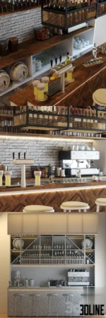 3D model of a complete coffee shop bar counter featuring a herringbone wood front, white stools, espresso machine, brick back wall, and overhead chalkboard menus.