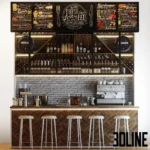 3D model of a complete coffee shop bar counter featuring a herringbone wood front, white stools, espresso machine, brick back wall, and overhead chalkboard menus.