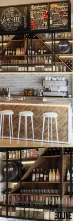 3D model of a complete coffee shop bar counter featuring a herringbone wood front, white stools, espresso machine, brick back wall, and overhead chalkboard menus.
