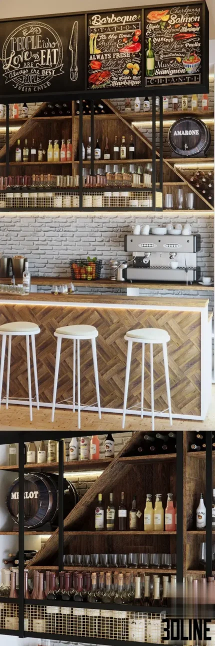 3D model of a complete coffee shop bar counter featuring a herringbone wood front, white stools, espresso machine, brick back wall, and overhead chalkboard menus.
