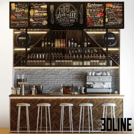 3D model of a complete coffee shop bar counter featuring a herringbone wood front, white stools, espresso machine, brick back wall, and overhead chalkboard menus.