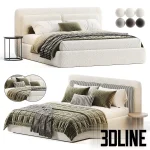 Detailed 3D model of the Savona bed by Comocasa, featuring a thick textured off-white fabric frame and a high padded headboard, with layered luxury bedding.