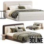 Detailed 3D model of the Savona bed by Comocasa, featuring a thick textured off-white fabric frame and a high padded headboard, with layered luxury bedding.