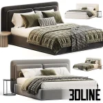 Detailed 3D model of the Savona bed by Comocasa, featuring a thick textured off-white fabric frame and a high padded headboard, with layered luxury bedding.