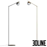 Photorealistic 3D model of the Contina swing arm floor lamp, featuring a tall, slender matte black and polished brass metal frame and a two-toned opal glass globe shade.