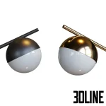 Photorealistic 3D model of the Contina swing arm floor lamp, featuring a tall, slender matte black and polished brass metal frame and a two-toned opal glass globe shade.