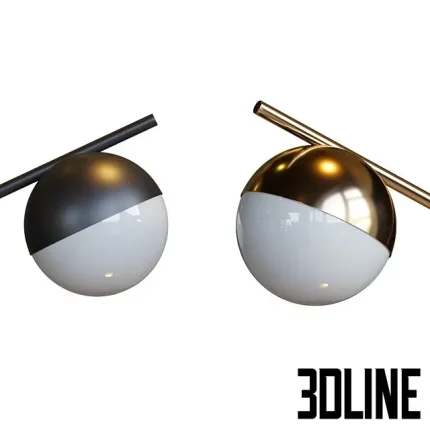 Photorealistic 3D model of the Contina swing arm floor lamp, featuring a tall, slender matte black and polished brass metal frame and a two-toned opal glass globe shade.