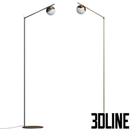 Photorealistic 3D model of the Contina swing arm floor lamp, featuring a tall, slender matte black and polished brass metal frame and a two-toned opal glass globe shade.