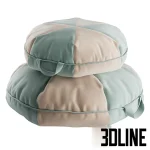 3D model of Cookie Bean Bags, featuring two stacked round floor cushions with a segmented color-block design in pastel sage green, mustard yellow, and beige, complete with carrying handles.