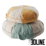3D model of Cookie Bean Bags, featuring two stacked round floor cushions with a segmented color-block design in pastel sage green, mustard yellow, and beige, complete with carrying handles.