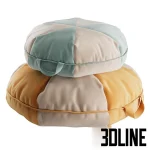3D model of Cookie Bean Bags, featuring two stacked round floor cushions with a segmented color-block design in pastel sage green, mustard yellow, and beige, complete with carrying handles.