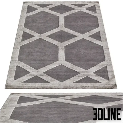 3D model of the Cora rug designed by Suzanne Sharp for The Rug Company, featuring a large-scale geometric grey trellis pattern with a silk-like sheen and high-low pile texture.