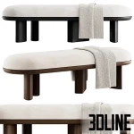 High-resolution 3D model of the Corbu Bench by Demuro Das, featuring a white oval upholstered top and thick cylindrical wood legs in black and dark wood finishes.