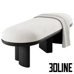 High-resolution 3D model of the Corbu Bench by Demuro Das, featuring a white oval upholstered top and thick cylindrical wood legs in black and dark wood finishes.