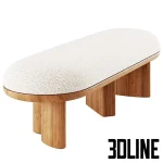 High-resolution 3D model of the Corbu Bench by Demuro Das, featuring a white oval upholstered top and thick cylindrical wood legs in black and dark wood finishes.