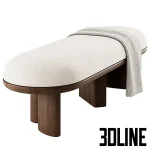 High-resolution 3D model of the Corbu Bench by Demuro Das, featuring a white oval upholstered top and thick cylindrical wood legs in black and dark wood finishes.