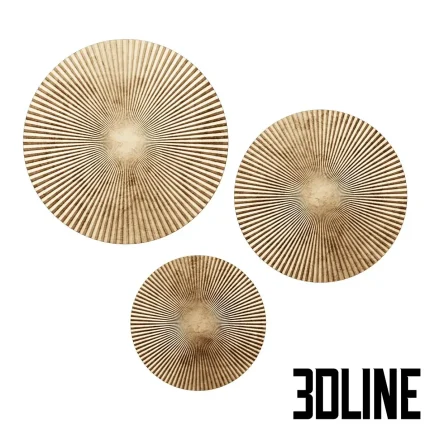 Detailed 3D model set of three circular CosmoLiving wood wall panels, featuring an embossed radial sunburst pattern in a metallic champagne gold finish.