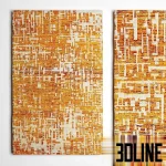 3D model of the Crate and Barrel Celosia area rug, featuring a distressed abstract geometric pattern in warm tones of orange, rust, and cream, shown in full view and close-up detail.