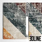 3D model of the Crate and Barrel Celosia area rug, featuring a distressed abstract geometric pattern in warm tones of orange, rust, and cream, shown in full view and close-up detail.