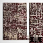 3D model of the Crate and Barrel Celosia area rug, featuring a distressed abstract geometric pattern in warm tones of orange, rust, and cream, shown in full view and close-up detail.