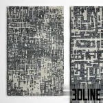 3D model of the Crate and Barrel Celosia area rug, featuring a distressed abstract geometric pattern in warm tones of orange, rust, and cream, shown in full view and close-up detail.