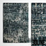 3D model of the Crate and Barrel Celosia area rug, featuring a distressed abstract geometric pattern in warm tones of orange, rust, and cream, shown in full view and close-up detail.