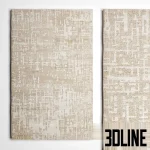 3D model of the Crate and Barrel Celosia area rug, featuring a distressed abstract geometric pattern in warm tones of orange, rust, and cream, shown in full view and close-up detail.