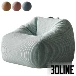 3D model of a Crate and Barrel style kids lounge chair, a structured bean bag featuring wide-wale corduroy fabric upholstery, shown in three color variations: teal blue, dusty pink, and beige.
