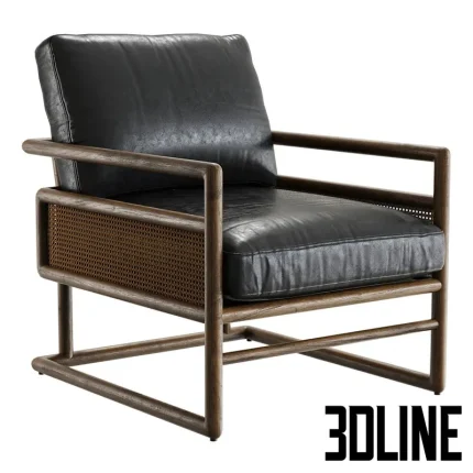 Detailed 3D model of the Crate & Barrel Carlin armchair, featuring a dark wood frame with natural cane paneling and thick black leather cushions.