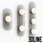 High-resolution 3D model of CTO Lighting MODULO WALL LIGHTs in single, double, and triple configurations, featuring opal glass spheres on textured grey glass panels with brass detailing.