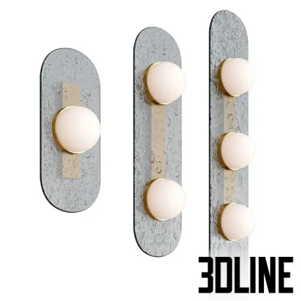 High-resolution 3D model of CTO Lighting MODULO WALL LIGHTs in single, double, and triple configurations, featuring opal glass spheres on textured grey glass panels with brass detailing.