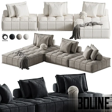 3D model of the Cubist Sofa Element 2, a low-profile modular floor sofa featuring deep square tufting and quilted details, shown in three color variations (white, grey, black) with bolster pillows and a decorative basketball cushion.