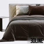 High-quality 3D model of the Dall Agnese Comfort Bed, featuring a plush upholstered headboard, realistic brown and beige messy bedding, a knit throw, and sleek integrated metal nightstands.