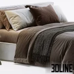 High-quality 3D model of the Dall Agnese Comfort Bed, featuring a plush upholstered headboard, realistic brown and beige messy bedding, a knit throw, and sleek integrated metal nightstands.