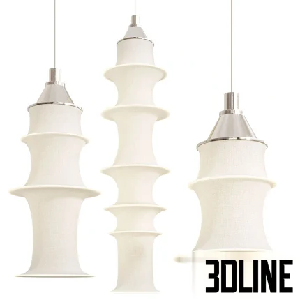 High-resolution 3D model set of three Danish Milano FALKLAND tiered pendant lamps featuring multiple hourglass-shaped shades made of white stretched fabric.