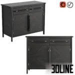 3D model of the Dantone Home Contempo chest of drawers in dark oak, featuring two drawers and two doors with a geometric diagonal wood pattern and sleek metal handles.