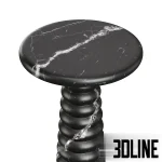 3D model of the Fuori side table by Dantone Home, featuring a round top and a sculptural base made of stacked ribbed rings, rendered in black Nero Marquina marble with white veining.