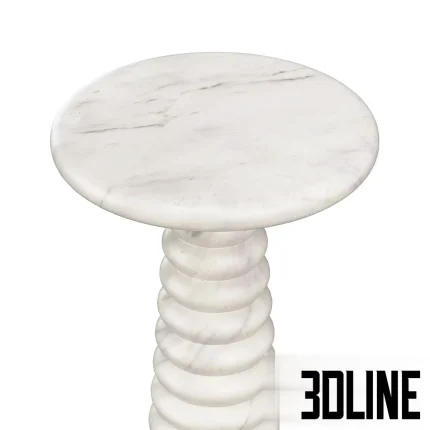3D model of the Fuori side table by Dantone Home, featuring a round top and a sculptural base made of stacked ribbed rings, rendered in black Nero Marquina marble with white veining.
