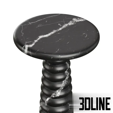 3D model of the Fuori side table by Dantone Home, featuring a round top and a sculptural base made of stacked ribbed rings, rendered in black Nero Marquina marble with white veining.