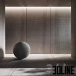 High-resolution 3D material of dark gray porcelain tile with a pronounced horizontal linear texture for wall and floor applications.