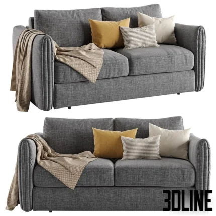 3D model of the Darwin 2-seater sofa upholstered in grey fabric, featuring rolled-style arms with vertical stitching, styled with yellow and checkered throw pillows and a blanket.