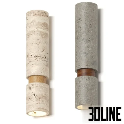 3D model set of Davani Parallel wall lamps, featuring cylindrical tubular bodies made of beige travertine and grey terrazzo, accented with a central wooden ring and downlight emission.