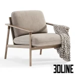 3D model of the David Lounge Chair (Vincent Sheppard style), featuring a stained teak wood frame with a woven rope backrest detail, grey upholstered cushions, and a patterned throw.