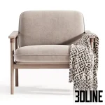 3D model of the David Lounge Chair (Vincent Sheppard style), featuring a stained teak wood frame with a woven rope backrest detail, grey upholstered cushions, and a patterned throw.
