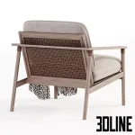 3D model of the David Lounge Chair (Vincent Sheppard style), featuring a stained teak wood frame with a woven rope backrest detail, grey upholstered cushions, and a patterned throw.