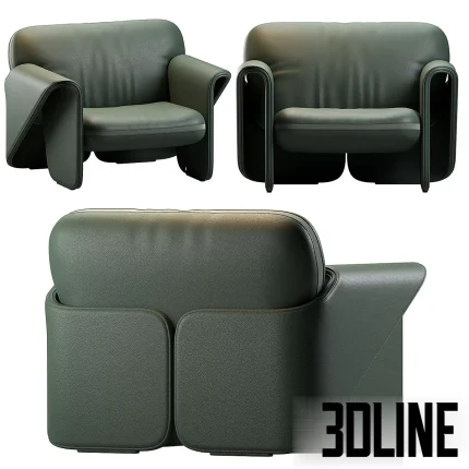 Photorealistic 3D model of the De Sede DS 125 armchair, a sculptural chair in dark green leather, defined by its layered, folding design that forms the seat and armrests.